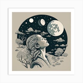 Starry Night, lookin up at moon, line ar, ink art. Art Print