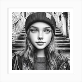 Black And White Drawing Of A Girl Art Print