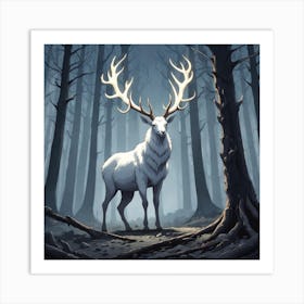 A White Stag In A Fog Forest In Minimalist Style Square Composition 16 Art Print