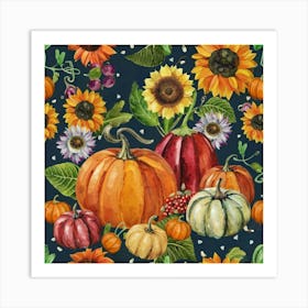 Autumn harvest of pumpkins, berries and sunflowers Colorful pumpkins and pumpkin harvest Art Print