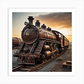 Rusty Train At Sunset Created using Imagine AI Art Art Print