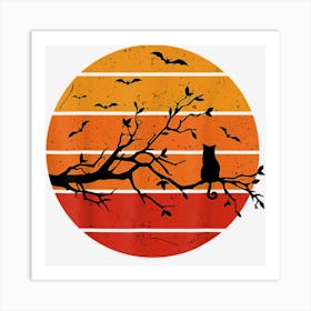 Halloween Cat And Bats Retro Sunset Art Print