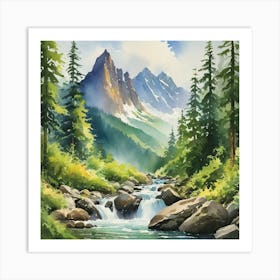 Waterfall In The Mountains Art Print