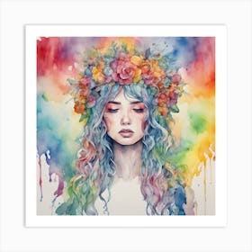 Watercolor Girl With Flower Crown Art Print