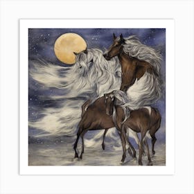 Three Horses In The Moonlight Art Print