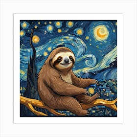 Sloth Cartoon At Starry Night Van Gogh painting Art Print