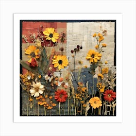 Flowers On Paper, Eclectic collage with vibrant dried flowers and textured backgrounds of fabric swatches, handwritten notes, and sheet music Art Print