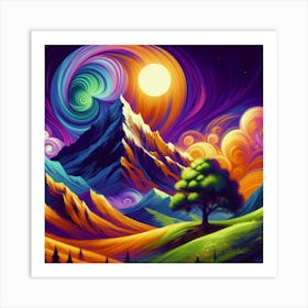 Mountain With Spiral Moon Sun Large Tree 2 Art Print