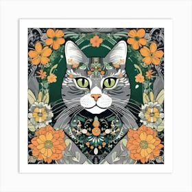 william morris Cat portrait With Flowers Art Print