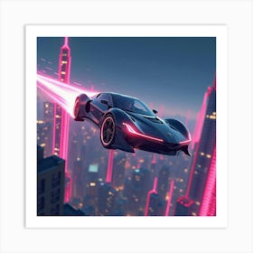 High Tech Flying Car With Glowing Trails, Speeding Above Neon Lit Towers 1 Art Print