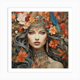 Woman With Flowers On Her Head Art Print