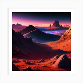 Cosmic Background, Alien Planet Deserted Landscape With Mountains Art Print