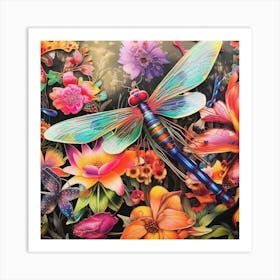 Dragonfly And Flowers Art Print