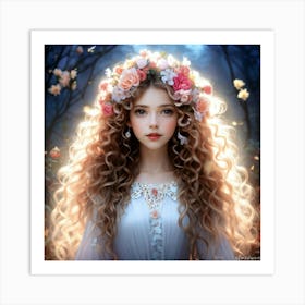 Portrait Of A Whimsical Girl Adorned With A Floral Skeleton Wreath Encircling Her Curly Locks Long Art Print