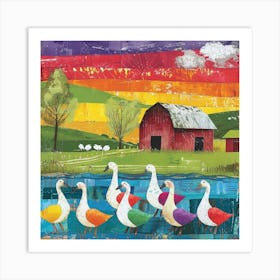 Kitsch Geese Collage Outside Barn 1 Art Print