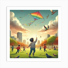 A Child Flying A Kite In A Park With Other Kids Playing In The Background 4 Art Print