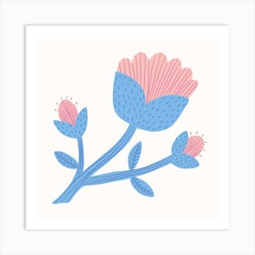 Pink Folk Flowers Square Art Print