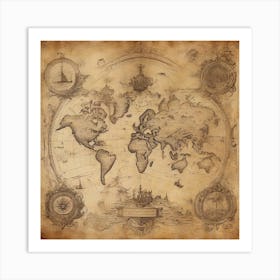 Old World Map, A Sketch on Parchment Paper 1 Art Print