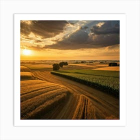 Golden Clouds Drift Above A Sprawling Farmland Corn Pearls Embellishing Thelands The Stalks Deep (2) Affiche