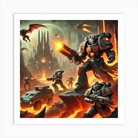 A Dynamic Sci Fi Battle Scene Where Kjarl Grimbloo Art Print