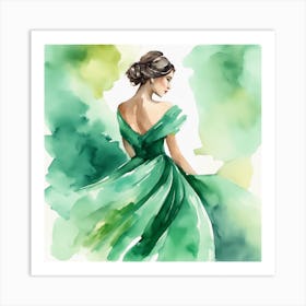 Watercolor Of A Woman In A Green Dress 1 Art Print