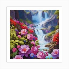 Waterfall With Flowers 1 Art Print