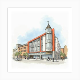 Watercolor View Of The Royal Exchange Theatre In Manchester, Featuring Its Distinctive Modern Design And Historic Context Art Print