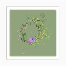 Wreath Flowers Bouquet Easter Eggs Nature Drawing Design Easter Decoration Botanical Spring Eggs Branches Ribbon Branch Background Green Art Print