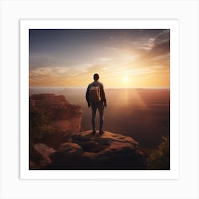 Man Standing On Cliff At Sunset Art Print