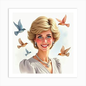 Smiling Princess Diana With Watercolor Birds Flying In The Background Art Print