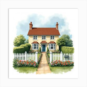 An English Country Home With A White Picket Fence And Flower Beds, Watercolor Art Print