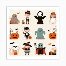 Children In Halloween Costumes - Cute Vector style Illustration Art Print