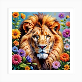 Wild Harmony: Lions Embraced By Nature's Floral Symphony Art Print