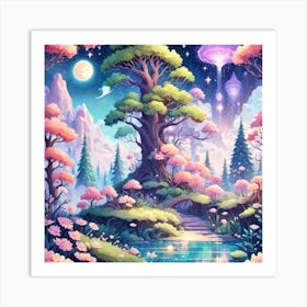 A Fantasy Forest With Twinkling Stars In Pastel Tone Square Composition 115 Art Print