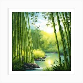 A Stream In A Bamboo Forest At Sun Rise Square Composition 270 Art Print