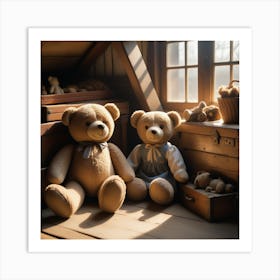 Teddies in attic Art Print