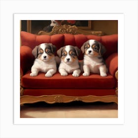 Three Puppies On A Red Couch Art Print