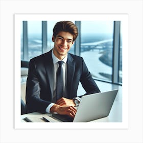 Businessman Smiling At Laptop Art Print
