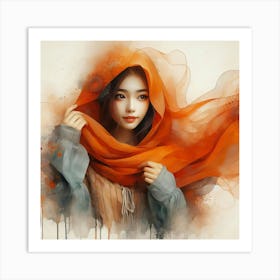 Asian Girl In Orange Scarf Art Print