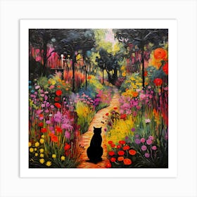 Black Cat In Monet Garden 2 Art Print