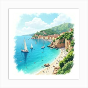 French Riviera Coastline In Watercolor With Turquoise Waters And Sailboats 1 Art Print