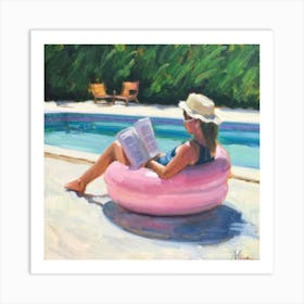 Reading After Swimming Pink Pool Vacation Art P Art Print