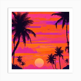 Sunset With Palm Trees Art Print