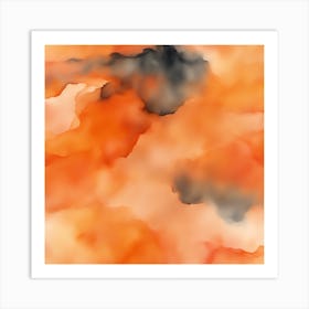 Beautiful tangerine peach abstract background. Drawn, hand-painted aquarelle. Wet watercolor pattern. Artistic background with copy space for design. Vivid web banner. Liquid, flow, fluid effect. Art Print