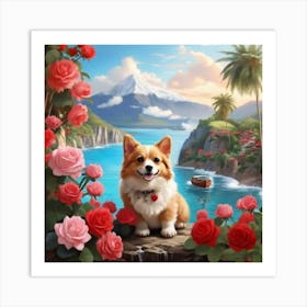 Corgi In Roses Art Print