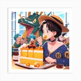Anime girl trying goku cake!! Art Print
