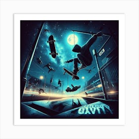 Skateboarders At Night Art Print