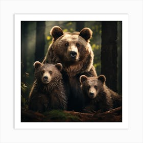 Grizzly Bear Family Portrait In Evening Sun Art Print