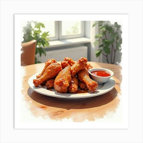 Watercolor Portrayal Of A Tender And Juicy Bbq Chicken Wings On A Cozy Dining Table Art Print