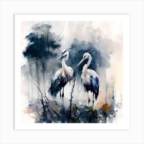 Pair Of Storks Watercolour & Ink Painting Art Print